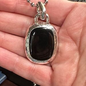 Silver Pendant Necklace with Black Stone. Claw clasp, extension chain